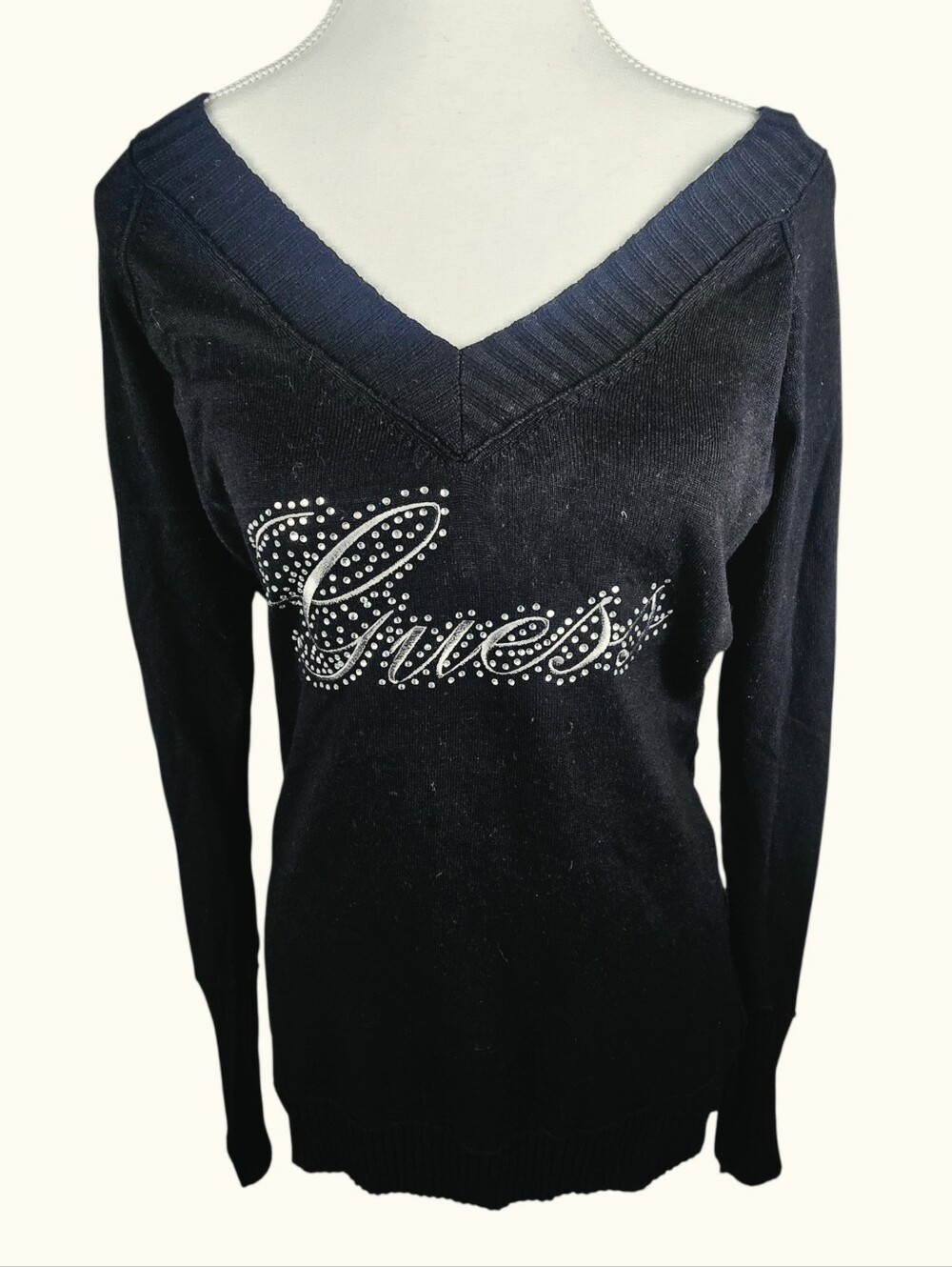 Vintage Y2K Guess Embroidered Rhinestone Black V Neck Tunic Swester Size XL